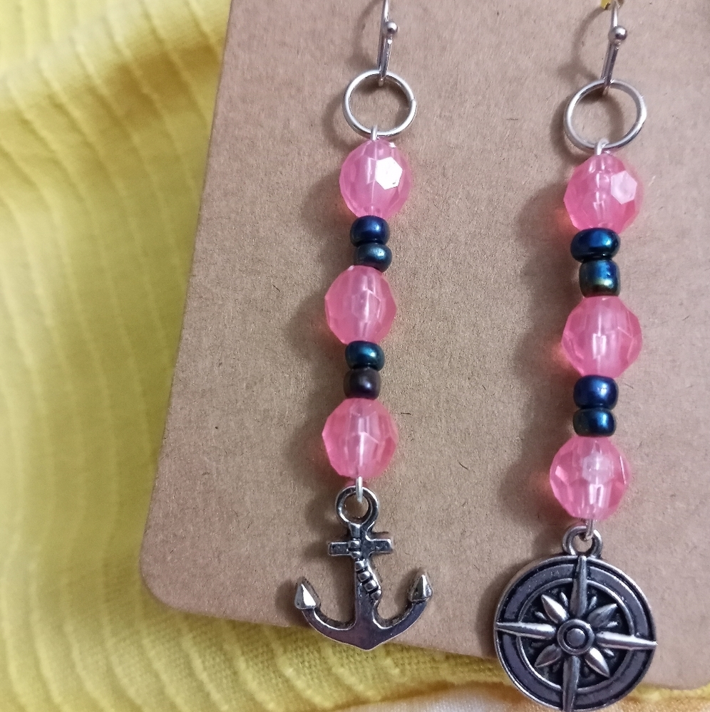Hand Crafted Pink crystal anchor and compass statement dangling earrings